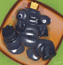 absurd_res anthro big_breasts big_butt bodily_fluids breasts butt female food grabbing_own_breast hand_on_own_belly hi_res honey_(food) huge_breasts huge_butt lying microsoft minecraft mojang on_back overweight perotoart signature sniffer_(minecraft) solo sweat taur xbox_game_studios