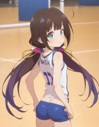 hinatsuru_ai brown_hair blue_eyes heavenly_ass slutty_female slutty_body focus_on_ass small_ass temptation tempting_viewer sexy_pose volleyball_uniform petite exposed_belly beautiful_girl pretty_girl slim_female skinny_female ai_generated