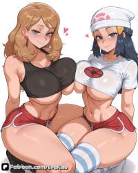 1girl 1girls ai_generated breasts breasts_bigger_than_head breasts_squeezed_together curvy curvy_figure dawn_(pokemon) duo duo_female duo_focus evekiss female focus hearts large_breasts looking_at_viewer nipples pokemon pokemon_(anime) pokemon_dppt pokemon_xy pussy serena_(pokemon) sexy socks sport sports_bra sports_uniform sportswear thick_thighs thighs uncensored underwear wide_hips