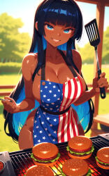 orginal_character minokai ai_generated patreon no_watermark self_upload 1girl breasts solo colored_inner_hair naked_apron blue_eyes apron long_hair dark-skinned_female dark_skin large_breasts smile black_hair food blue_hair looking_at_viewer american_flag_print burger american_flag cleavage flag_print holding multicolored_hair grin blunt_bangs collarbone very_long_hair bare_shoulders blurry_background blurry day outdoors two-tone_hair cooking