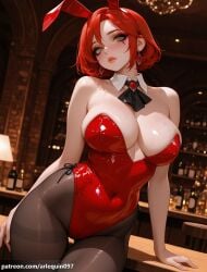 ai_generated arlequin097 triss_merigold the_witcher_3:_wild_hunt the_witcher_(series) the_witcher the_witcher_2 cd_projekt_red 1girl solo breasts looking_at_viewer blush short_hair large_breasts animal_ears cleavage jewelry bare_shoulders green_eyes pantyhose earrings red_hair parted_lips indoors rabbit_ears blurry leotard black_pantyhose lips strapless bare_arms fake_animal_ears covered_navel detached_collar blurry_background highleg playboy_bunny facial_mark thigh_gap bottle strapless_leotard highleg_leotard patreon_username veins brown_pantyhose thighband_pantyhose lamp red_leotard bar_(place) counter veiny_breasts