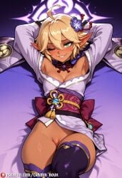 1girl ahoge ai_generated armpits arms_behind_head arms_up artist_name aura_bella_fiora blonde_hair blush breasts carminroux cleavage cleft_of_venus cosplay dark-skinned_female dark_elf dark_skin elf female female_only flower green_eyes hair_between_eyes hair_flower hair_ornament halo japanese_clothes kimono long_sleeves looking_at_viewer lying no_panties obi on_back one_eye_closed overlord_(maruyama) parted_lips patreon_logo patreon_username pointy_ears purple_flower purple_kimono purple_thighhighs pussy sash short_hair small_breasts smile solo thighhighs thighs uncensored