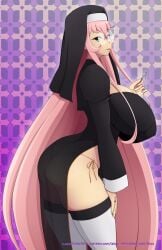 nun cosplay pink_hair glasses francisca_(lalox) cross huge_breasts breasts_bigger_than_head stockings thong lalox