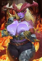 1girls 4_horns ai_assisted ai_generated areolae armor armor_plates armored_female big_ass big_breasts big_butt big_nipples blonde_female blonde_hair blush bra_armor breasts_bigger_than_head dragon dragon_girl dragon_tail exposed_breasts exposed_nipples eyeshadow fat_ass fire gauntlets half_dragon horns huge_thighs large_breasts league_of_legends long_hair nipple_piercing nipple_slip piercing purple_skin removing_clothing riot_games scales shyvana shyvana_(rework) tail thick_thighs wide_hips yellow_eyes