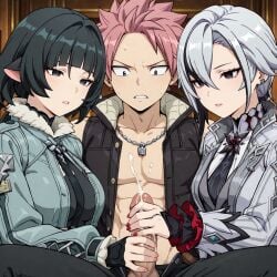 natsu_dragneel fairy_tail arlecchino_(genshin_impact) genshin_impact jane_doe_(zenless_zone_zero) zenless_zone_zero ai_generated haremoverlord 2girls 1boy teasing handjob penis cum cumshot