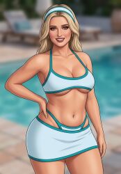 western_art blonde_female female_only ai_generated rgomez007 gemini thick_thighs wide_hips narrow_waist pelvic_line skindentation voluptuous solo_female light-skinned_female 1girls tanned_body standing medium_breasts hand_on_hip one_hand_on_hip sideboob underboob cleavage midriff belly_button grey_eyes blonde_hair eyelashes thick_lips lipstick eyeshadow seductive_look looking_at_viewer smiling_at_viewer blurry_background poolside lounge_chair swimming_pool earrings hoop_earrings black_outline thick_outline self_upload hairband miniskirt revealing_clothes swimsuit bikini micro_bikini blue_trim halter_top navel panties_under_skirt teeth_showing