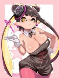 1girls armpit_crease artist_name big_breasts black_hair black_jumpsuit blowing_kiss blush border bow-shaped_hair breasts callie_(splatoon) callie_(squid_sisters_outfit)_(splatoon) cleavage contrapposto cross-shaped_pupils detached_collar dress earrings gloves gradient_hair hand_in_own_hair heart highres huge_breasts inkling jewelry jumpsuit large_breasts long_hair looking_at_viewer mole mole_under_eye multicolored_hair nintendo one_eye_closed outside_border pantyhose pink_border pink_pantyhose pointy_ears puckered_lips purple_hair short_eyebrows short_hair short_jumpsuit signature skindentation solo splatoon splatoon_(series) star_(symbol) strapless_jumpsuit suction_cups sushi_hair_ornament symbol-shaped_pupils t2ukmyjm tentacle_hair thick_eyebrows thighs white_background yellow_eyes