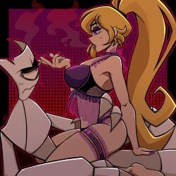 andrea_moonlight_143 big_hair blonde_female blonde_hair female_on_top fold_(gameoverse) frilled_thigh_strap gameoverse glitch_productions long_hair looking_at_another miss_information_(gameoverse) purple_lingerie purple_lipstick