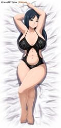 1girls arms_up artist_name barefoot belly big_breasts black_hair breasts cleavage crossed_legs dakimakura dakimakura_design feet female female_only full_body hair hips huge_breasts jeantfydraw lace lace_trim legs legs_crossed lingerie long_hair love_live! love_live!_sunshine!! matsuura_kanan's_mother mature mature_female mature_woman milf mother smile solo solo_female tagme thighs