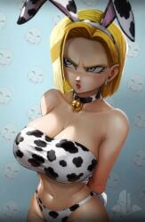 android_18 annoyed bell big_breasts blonde_hair chocker clevage cow_ears cow_print cow_print_bikini dragon_ball dragon_ball_super dragon_ball_z ear_ring edit elitenappa lazuli_(dragon_ball) midriff narrow_waist panties short_hair tight_clothing waist