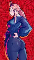 1girls ass ass_focus back_view big_ass blonde_hair chainsaw_man clothed derxon fiend form_fitting fully_clothed glaring horns jacket jeans long_hair looking_at_viewer looking_back ponytail power_(chainsaw_man) shapely shonen_jump thick_ass tight_clothing tight_jeans watermark