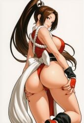 ass ass_support blush brown_eyes brown_hair fatal_fury high_ponytail highleg_leotard king_of_fighters lips looking_back mai_shiranui obi ponytail sash sideboob snk thick_thighs thighs