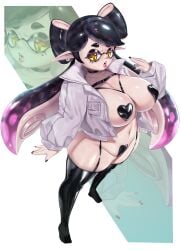 1girls areolae big_breasts black_pasties breasts callie_(splatoon) cleavage earrings female huge_breasts inkling inkling_girl large_breasts long_hair looking_at_viewer mole mole_under_eye navel nintendo pasties pointy_ears simple_background solo splatoon splatoon_(series) tentacle_hair two-tone_hair white_background yellow_eyes artist_request