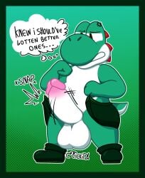 1boy angry anthro aroused balls big_balls big_penis boots bottomwear clothed clothing digital_drawing_(artwork) digital_media_(artwork) erection fan_character footwear furry furry_male furry_only genitals green_body green_boots green_clothing green_footwear green_yoshi henrique_rick hi_res humanoid_genitalia humanoid_penis male male_only mario_(series) nintendo partially_clothed penis red_spikes shaded shoes simple_background speech_bubble spikes spikes_(anatomy) standing thinking thought_bubble torn_bottomwear torn_clothing torn_underwear trez_masters_(mooglesforever27) underwear white_body yoshi