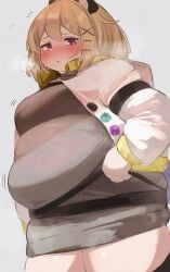 arknights b45ui blushing_at_viewer bulging_belly chubby_cheeks fat form_fitting nimo nimo22 panting thick_arms thick_thighs thigh_squish tight_clothing undersized_clothes utage_(arknights)
