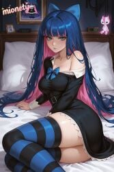stocking_anarchy stocking_(psg) honekoneko_(psg) panty_&_stocking_with_garterbelt thighhighs 1girl striped_clothes striped_thighhighs multicolored_hair solo breasts colored_inner_hair bow dress long_hair blue_eyes looking_at_viewer black_dress pink_hair hair_bow blue_bow pillow blunt_bangs two-tone_hair thighs on_bed off_shoulder reference_inset large_breasts indoors sitting blue_hair bed belt parted_lips long_sleeves collarbone very_long_hair bowtie bare_shoulders medium_breasts lips on_side yokozuwari blush arm_support ass blue_thighhighs stuffed_toy stuffed_cat zettai_ryouiki stuffed_animal cleavage frills frilled_dress black_thighhighs short_dress picture_frame artist_name closed_mouth purple_hair feet_out_of_frame mionety ai_generated