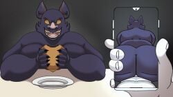 2boys anthro anthro_on_human ass_focus bat_ears big_ass big_penis dark_fur date fangs fat_male from_behind fur gay grin hamburger huge_ass naked orange_eyes phone_screen rear_view sharp_teeth smartphone thick_thighs vampire_bat witdrawsloods