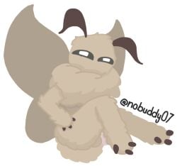 ambiguous_gender antennae_(anatomy) anthro arthropod backsack balls black_eyes black_sclera butt fluff_(nobuddy) fluffy fur genitals hand_on_butt hi_res insect insect_wings lepidopteran lepidopteran_wings looking_down male moth narrowed_eyes nobuddy nude_anthro nude_male penis presenting presenting_hindquarters side_view simple_background sitting solo spread_wings tan_body tan_fur white_background wings