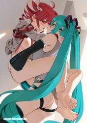 2girls anal aqua_hair arm_around_neck ass barefoot black_thighhighs bottomless casino_(casinoep) collared_shirt detached_sleeves dildo drill_hair feet grey_shirt hatsune_miku indoors kasane_teto long_hair long_sleeves medium_hair multiple_girls nipples open_clothes open_shirt paid_reward_available pussy red_hair sex sex_toy shirt sleeveless sleeveless_shirt soles strap-on thighhighs toes twin_drills twintails uncensored utau very_long_hair vocaloid yuri