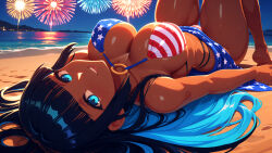 1girl ai_generated american_flag_bikini barefoot beach bikini black_hair blue_eyes blue_hair blunt_bangs breasts cleavage dark-skinned_female dark_skin fireworks flag_print large_breasts long_hair looking_at_viewer lying minokai multicolored_hair night no_watermark o-ring o-ring_bikini ocean on_back orginal_character outdoors patreon sarong self_upload sky smile solo swimsuit thigh_gap upside-down