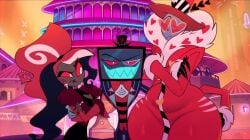 1girl 2boys 2boys1girl ass_from_the_front big_booty big_butt booty edit edited edited_screencap fat_ass hazbin_hotel hoothoot666 huge_hips screencap screenshot thicc thicc_ass thick_thighs valentino_(hazbin_hotel) velvette vox_(hazbin_hotel)