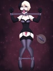 ball_gag bearbuckscoffee black_clothing black_dress bondage bound bound_ankles bound_neck bound_wrists buttplug chastity_cage chastity_device dress drool drooling elbow_gloves eyeshadow gag gagged gloves long_gloves makeup open_mouth open_mouth_gag ring_gag spreader_bar steel_bondage stockings thighhighs yoke yoke_(restraint)