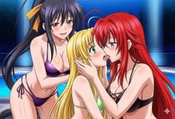 3girls ai_generated akeno_himejima aroused asia_argento big_ass big_breasts bikini blush curvy_female exited female_only fff_threesome french_kiss girlfriends girls_love grabbing_another's_head grabbing_head high_school_dxd kissing lesbian lesbian_kiss lesbian_lovers lesbian_threesome looking_at_each_other medium_breasts rias_gremory skinny_girl smile thick_thighs tongue_kiss wide_hips wife_and_wife_and_wife yuri