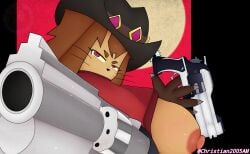 1girls breasts breasts_out catgirl christian2005am crossover feline furry furry_female furry_only gameoverse gun kit_(gameoverse) looking_at_viewer overwatch tits tits_out