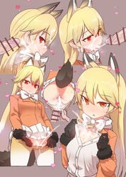 animal_ears ass black_gloves blonde_hair blush bow bowtie breasts censored cum cum_in_mouth cum_into_panties cum_on_ass cum_on_body cum_on_breasts cum_on_clothes cum_on_hair cum_on_lower_body cum_on_upper_body cum_wearing cum_wearing_(panties) cumming_into_panties ejaculation ezo_red_fox_(kemono_friends) facial female fox_ears fox_tail gloves hair_between_eyes heart highres jacket kemono_friends long_hair long_sleeves multicolored_hair open_clothes open_jacket open_mouth open_shirt panties panty_pull pantyhose pantyhose_pull penis pleated_skirt red_eyes shirt skirt solo_focus straight sumiyao_(amam) tail tongue tongue_out underwear white_hair white_panties