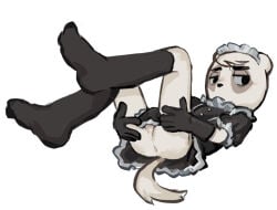aggretsuko anai_(aggretsuko) anthro anus badger butt clothed clothing japanese_badger maid_headdress maid_uniform male mammal meles mustelid musteline no_underwear perineum rusjerry sanrio simple_background solo spread_butt spreading uniform white_background
