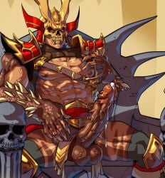 2d 2d_(artwork) bara big_penis boner captainsmutty dragon dragon_humanoid erection male male_only mortal_kombat muscles muscular shao_kahn sitting solo solo_male spiked_penis