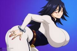 nemuri_kayama midnight_(my_hero_academia) boku_no_hero_academia my_hero_academia unjobdespiert ai_generated 1female looking_at_viewer curvy huge_breasts huge_ass big_breasts big_ass 1girls breasts 2026 artist_name watermark hi_res highres high_quality high_resolution patreon_username patreon 1girl solo mask blue_eyes long_hair bodysuit one_eye_closed smile domino_mask mole_under_eye black_hair mole blue_background bent_over ass belt ring nail_polish jewelry pink_nails spiked_hair large_breasts white_bodysuit hand_on_own_ass cuffs