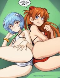 erotibot neon_genesis_evangelion asuka_langley_sohryu rei_ayanami bikini bikini_top bikini_bottom minibikini white_bikini red_bikini pussy_visible_through_clothes pussy_visible_through_panties pussy eyebrows_visible_through_hair redhead blue_eyes long_hair medium_hair red_eyes blush looking_at_viewer small_breasts breasts ass ass_focus grabbing_own_ass open_mouth earrings speech_bubble english_text simple_background thighs angry 2girls girls_only