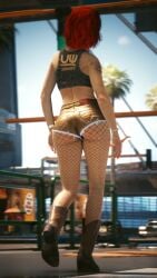 1girls 3d 3d_(artwork) 3dcg absurd_res absurd_resolution absurdres ass ass_cleavage ass_focus back_view back_view_female beautiful_woman booty_shorts red-haired_female character_request cityscape cyberpunk_(series) cyberpunk_2077 denim_short_shorts denim_shorts disinterested emotionless emotionless_female expressionless female_focus female_only filtered flying_car game_cg heavenly_ass high_quality high_resolution highres tubetop tube_top jean_shorts mature_woman short-haired_female source_request uncaring uncaring_female uninterested uninterested_female dyed_hair shoulder_tattoo bare_shoulders yellow_shorts fishnets bracelet walking zlosider