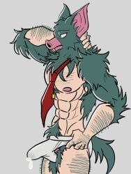 animal_head anthro balls bara bat big_ears body_hair boner bulge dispatch_(game) erection erection_under_clothes for_a_head furry hand_behind_head male male_only muscles muscular necktie penis solo solo_male some_shiba sonar_(dispatch)