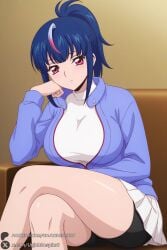 1girl breasts sitting crossed_legs solo multicolored_hair large_breasts blue_hair streaked_hair looking_at_viewer skirt jacket bike_shorts ponytail shorts blue_jacket patreon_username shirt red_eyes white_shirt patreon_logo thighs white_skirt bangs long_sleeves pink_hair closed_mouth head_rest blush pleated_skirt watermark pink_eyes black_shorts web_address hikari_myodo cardfight!!_vanguard myodo_hikari unjobdespiert ai_generated 1female curvy huge_breasts huge_ass big_breasts big_ass 1girls 2026 artist_name hi_res highres high_quality high_resolution patreon