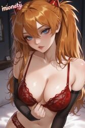 evangelion souryuu_asuka_langley neon_genesis_evangelion 1girl breasts underwear bra panties solo blue_eyes red_bra red_panties navel looking_at_viewer long_hair cleavage collarbone parted_lips large_breasts hair_between_eyes artist_name underwear_only bare_shoulders lingerie lips interface_headset indoors orange_hair lace-trimmed_bra blush detached_sleeves hair_ornament on_bed stomach lace_trim alternate_breast_size upper_body two_side_up brown_hair bed black_sleeves lace-trimmed_panties medium_breasts clothes_pull patreon_username timestamp head_tilt shirt_pull mionety ai_generated