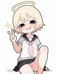 1girls 67 67_(meme) ai-created ai_generated blonde_hair halo lily_(moeangel) peace_sign sweat