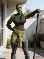 ai_generated dripping_precum flaccid flashing flashing_penis foreskin futa_orc futanari green_skin midriff orc orc_futa orc_futanari presenting_penis ragna_blackfoot showing_off warrior