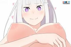 1girls breasts_apart breasts_focus completely_nude_female elf elf_ears elf_female emilia_(re:zero) large_breasts looking_at_viewer low-angle_view nipples purple_eyes re:zero_kara_hajimeru_isekai_seikatsu silver_hair solo sweat tsuranukko white_background