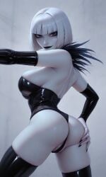 23afterhours magpie_(dc) villainess hot black_corset black_leather_thighhighs latex_clothing bob_cut white_hair fur_trim grabbing_from_behind grabbing_ass grabbing_own_ass seductive seductive_look seductive_smile seductive_body seduction ai_generated dc_comics dc medium_breasts ass