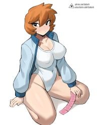 alternative_bust_size bent_knees black_eyes blue_jacket blush breasts bright_pupils clavicle cleavage closed_mouth clothing competition_swimsuit condom condom_packet_strip condom_wrapper covered_erect_nipples covered_navel donburikazoku erect_nipples_under_clothes female hair_between_eyes highleg highleg_swimsuit holding holding_condom jacket kasumi_(pokemon) kneeling large_breasts long_sleeves looking_at_viewer misty_(pokemon_hgss) navel one-piece_swimsuit open_clothes open_jacket orange_hair pokemon pokemon_character pokemon_gsc pokemon_hgss seiza short_hair sitting solo swimsuit tank_suit thick_thighs thighs white_one-piece_swimsuit white_pupils white_swimsuit