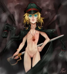 10s 1girls artist_name asmo blonde_hair blue_eyes canon_genderswap collarbone female flat_chest groin hat holding holding_weapon innie_pussy looking_at_viewer military_hat military_uniform necklace pussy solo standing sword tanya_degurechaff uncensored weapon youjo_senki