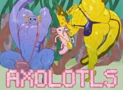anthro anthro_on_anthro ass axolotl axolotl_humanoid blue_mankini furry golden_mankini mankini mankini_ass_view masculine minecraft pose posing potion red_mankini sweaty sweaty_body underwater water yellow_mankini