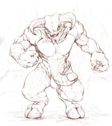 1boy balls baron_of_hell_(doom) big_penis darkgem demon doom erection horns huge_cock male male_only monochrome muscular muscular_male open_mouth penis precum sketch standing video_games