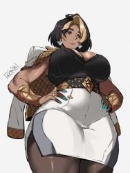 absurdres aqua_nails armpits black_hair black_pantyhose black_shirt blonde_hair breasts brown_eyes cleavage closed_mouth crystal_earrings dark-skinned_female dark_skin domina earrings expressionless female female_only from_below gold_bracer gy_beth gybeth hands_on_own_hips highres jacket jacket_on_shoulders jewelry large_breasts legs_together looking_down mature_female multicolored_hair overwatch pantyhose pencil_skirt shirt side_slit signature simple_background skirt sleeveless sleeveless_shirt solo thick_eyebrows thick_thighs thighs two-tone_hair white_background white_jacket white_skirt wide_hips