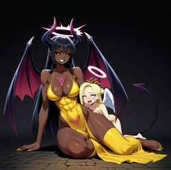 2girls abs ai_generated angel angel_wings bat_wings corruption dark-skinned_female demon_girl feet female femdom interracial lesbian_domination light-skinned_female long_toenails multiple_females multiple_girls soles succubus succubus_tattoo toes tongue_out yuri