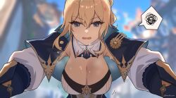 1girls artist_request breasts cleavage english_text female female_focus female_only genshin_impact jean_gunnhildr large_ass light-skinned_female light_skin looking_at_viewer mushlicious pov solo text