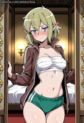 ai_generated anime artmochiia bandages blonde_hair blue_eyes blush breasts brown_jacket buruma collarbone curvaceous_female curvaceous_figure curvy curvy_figure danmachi door dungeon_ni_deai_wo_motomeru_no_wa_machigatteiru_darou_ka elf fanart female female_focus hair_between_eyes indoors jacket looking_at_viewer medium_breasts mirror navel nose_blush open_clothes open_jacket pointy_ears ryuu_lion sarashi short_hair skindentationcurvaceous solo standing stomach sweat uncensored voluptuous voluptuous_female