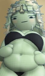 1girls 3d 3d_(artwork) 3d_model alien alien_only bbw beanoid belly_overhang big_belly big_breasts black_bra black_eyes black_underwear blush bra_too_small brown_background chubby chubby_female female fungus green_body green_hair green_skin hands_on_belly leaf_hair lichen lichen_hair looking_at_belly low_poly mitten_hands mora mora_fitzgerald mushroom_on_head mushrooms no_fingers no_humans no_nose no_visible_genitalia original original_character overweight overweight_female round_belly round_head self_upload simple_colors simple_face simple_mouth sitting slime slime_girl slime_hair slime_mold slime_mold_body squint tinkercad underboob yellow_blush